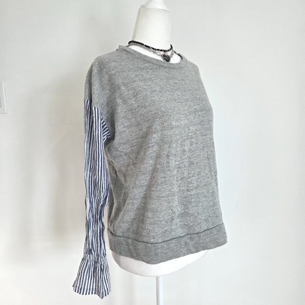 Mixed Media Bell Sleeve Sweatshirt‎ Medium Blue Stripes Preppy Coastal Old Money - Picture 4 of 16